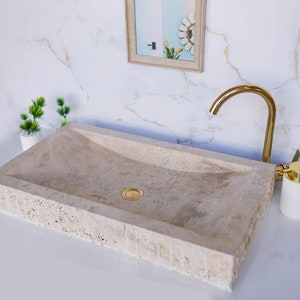 Beige Travertine Natural Stone Vessel Sink Honed and Filled, Chamfered Marble Sink, Natural Stone Sink