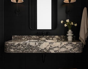 Calacatta Viola Marble Sink With Fluted Design and Backsplash, Wall Mount Marble Sink, Custom Marble Sink, Hand Carved Marble Wash Basin