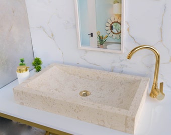 Rectangular beige marble wash basin, Marble Sink, Bathroom Sink Basin, Natural Stone Sink, luxury design bathroom rectangular vanity sink