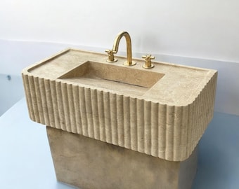 Travertine Marble Sink, Fluted Marble Sink,Hidden Drain Marble Sink, Wall Mount Marble Sink,Custom Marble Sink,Hand Carved Marble Wash Basin