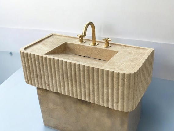 Travertine Marble Sink, Fluted Marble Sink,Hidden Drain Marble Sink, Wall Mount Marble Sink,Custom Marble Sink,Hand Carved Marble Wash Basin
