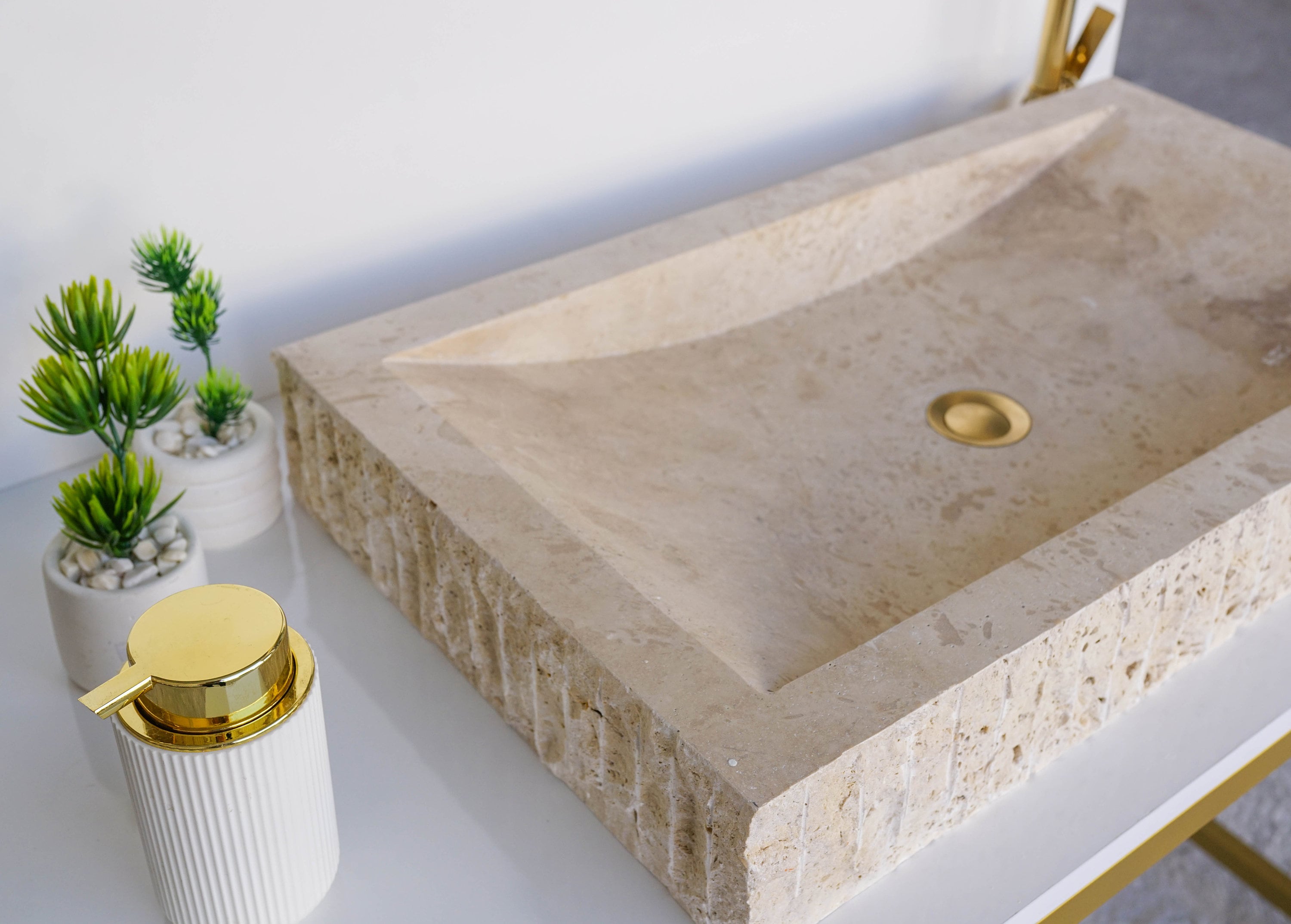 Beige Travertine Natural Stone Vessel Sink Honed and Filled