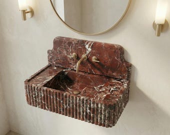 Rosso Levanto Marble Sink With Backsplash, Fluted Marble Sink, Wall Mount Marble Sink, Custom Marble Sink, Hand Carved Marble Wash Basin