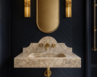 Lavabo de mármol Calacatta Gold con protector contra salpicaduras, lavabo de mármol para montaje en pared, lavabo de mármol a medida, lavabo de mármol tallado a mano, lavabo de baño de lujo
