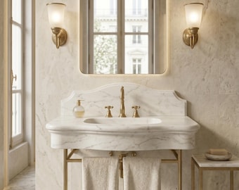 Carrara White Marble Sink with Ornate Backsplash , Wall Mounted Marble Wash Basin