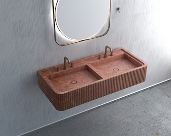Red Travertine Double Marble Sink, Wall Mount Marble Sink, Custom Marble Sink, Hand Carved Marble Wash Basin, Luxury Bathroom Sink