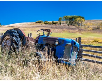 Along The Fence Line, Autumn Scene Of An Old Tractor With Blue Skies, Autumn Landscape Photo Fine Art Print