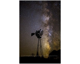 Windmill In The Milky Way, Night Sky Milky Way Over Rustic The Silhouette Of A Windmill, Colorado, Landscape  Fine Art Print