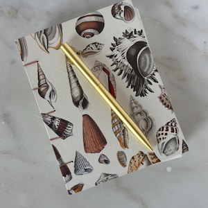 May include: A gold pen rests on a notebook with a seashell pattern. The notebook features detailed illustrations of various seashells in shades of brown, beige, and white. The pen is sleek and metallic, complementing the notebook's design.
