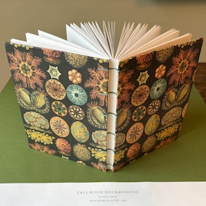 May include: An open journal with a black cover featuring a colorful pattern of sea anemones and coral in shades of orange, yellow, and teal. The book has white pages and a visible exposed spine stitched with light green thread, standing upright.