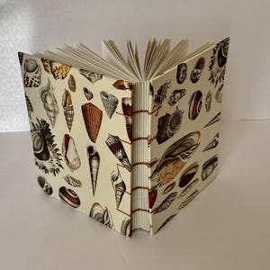 May include: Open journal with a cream-colored cover adorned with various seashell illustrations in brown, beige, and red. The pages are white, and the spine is bound with brown thread.
