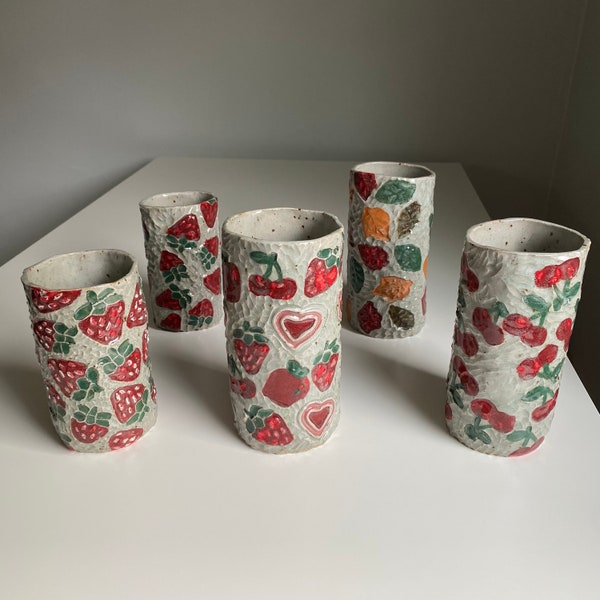 Handmade patterned vases | Textured vases | Ceramic vases | Strawberry vase ceramic | Cherry vase ceramic | Leaf vase ceramic | Love vase