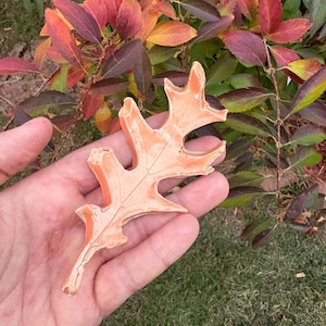 May include: A ceramic leaf sculpture in a warm orange hue, resembling an oak leaf. The leaf is held in a hand, with a backdrop of colorful autumn foliage in shades of red, green, and yellow.