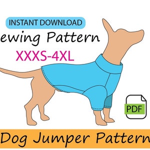 Dog jumper pattern, digital pdf file to sew your own pet's clothes, sizes XXXS to 4XL
