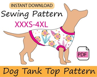 Hunde Tank Top Schnittmuster, digitaler PDF Download. Nähanleitung für US Letter oder A4 Größe, um die Kleidung Ihres Haustieres zu machen.