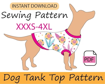 Hunde Tank Top Schnittmuster, digitaler PDF Download. Nähanleitung für US Letter oder A4 Größe, um die Kleidung Ihres Haustieres zu machen.