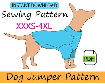 Dog jumper pattern, digital pdf file to sew your own pet's clothes, sizes XXXS to 4XL