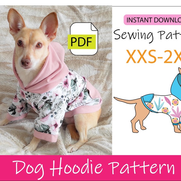Patrón digital pdf de sudadera para perro o mascota, tallas XXS-2XL patron de costura con instrucciones en español e ingles