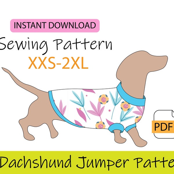 Patrón de jersey Dachshund, descarga digital en pdf tamaños xxs-2xl, papel A4, camiseta sin mangas para perro salchicha pdf
