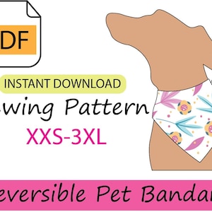 Reversible pet bandana pdf digital file dog cat sewing pattern, sizes XXS -3XL download tutorial instructions