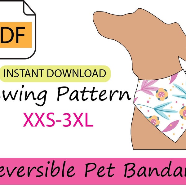 Reversible pet bandana pdf digital file dog cat sewing pattern, sizes XXS -3XL download tutorial instructions