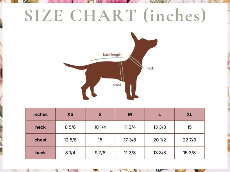 May include: A dog clothing size chart with a brown dog silhouette and measurement points. The chart shows sizes XS to XL, with measurements in inches for neck, chest, and back length. The text "SIZE CHART (inches)" is at the top.