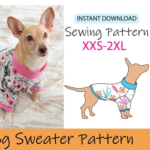 Hond trui patroon pdf digitaal bestand naaien, trui maten XXS - 2XL download tutorial Engelse instructies