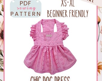 May include: A pink dog dress with a ruffled neckline and skirt, featuring a perforated design. The image includes text that reads "PDF sewing pattern", "XS-XL", "Beginner Friendly", and "Chic Dog Dress".