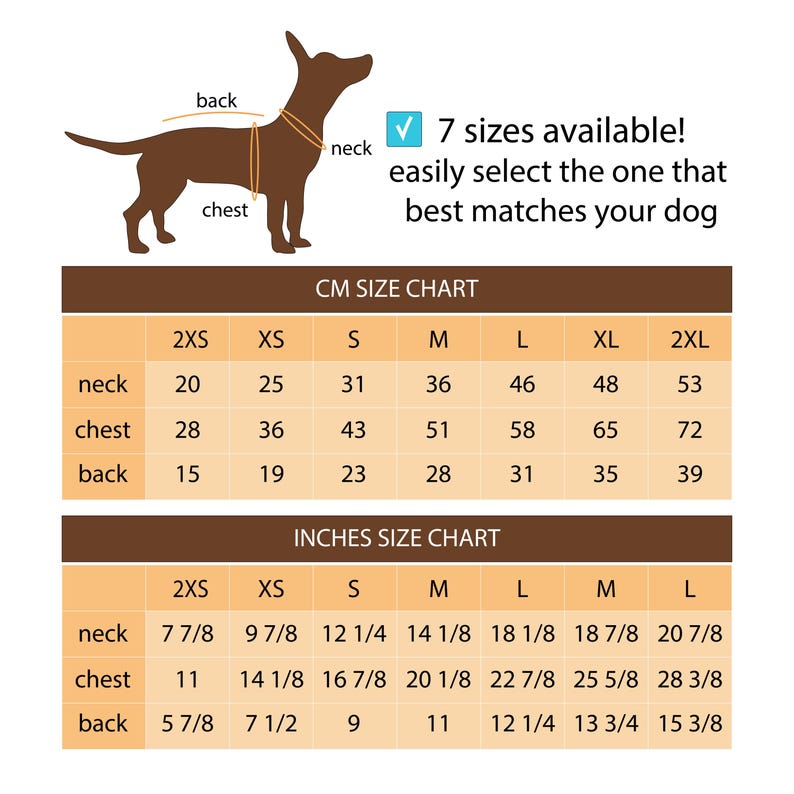 May include: Size chart for dog harnesses in inches and centimeters. The chart shows neck, chest, and back measurements for seven sizes: 2XS, XS, S, M, L, XL, and 2XL.