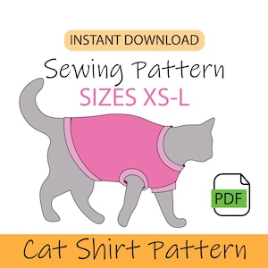 Cat shirt pdf pattern, printable A4 or US letter pattern for cat tank top clothes, XS to L download