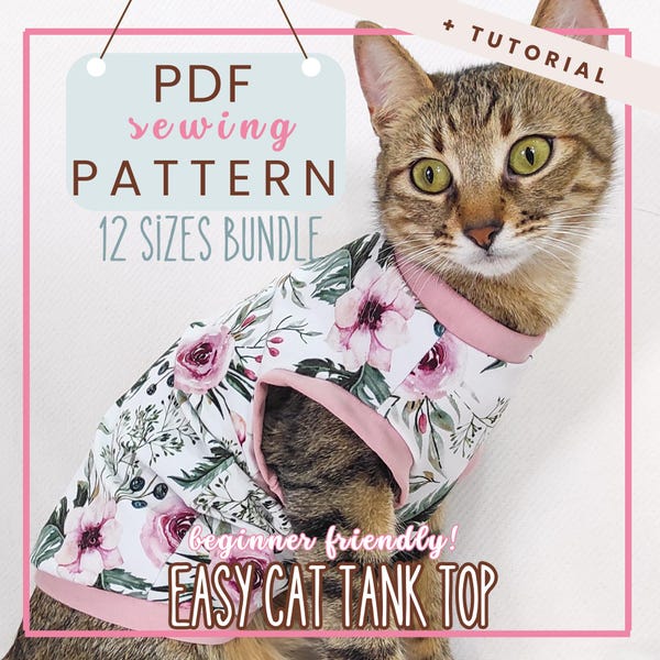 Patrón de costura de camiseta sin mangas para gatos (PDF) - Ropa para mascotas para principiantes