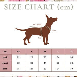 May include: A dog clothing size chart, showing a brown dog silhouette with measurement points. The chart displays neck, chest, and back measurements in centimetres, from XS to XL sizes. The text "SIZE CHART (cm)" is at the top of the image.
