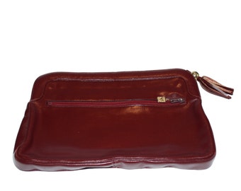 Vintage Lewis Burgundy Leather Clutch Purse with Leather Tassel on Zipper