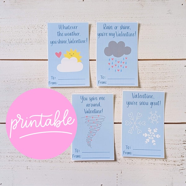 weather valentines for kids | cute classroom printable valentines | weather pun valentines | handlettered valentines cards | class valentine