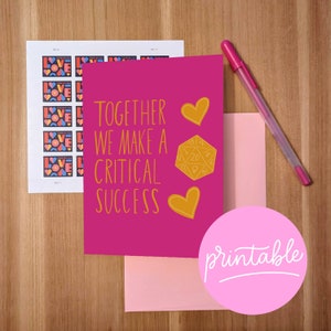 d20 Valentine&#39;s day printable card 5x7 | printable greeting card | nerdy valentine | anniversary card | hand lettered card | blank card