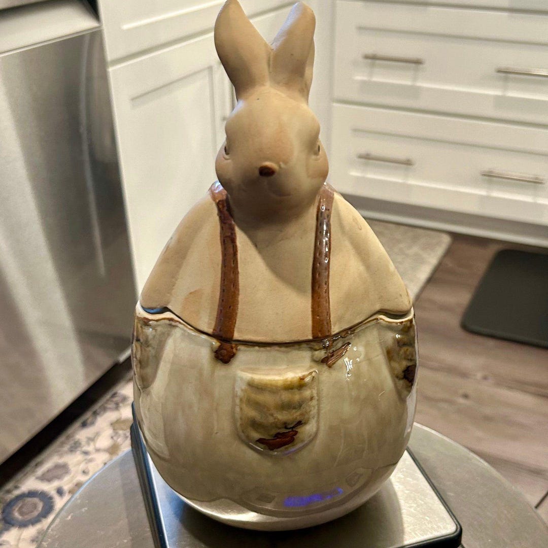 Vintage Bunny Rabbit Stoneware Pottery Jar Cache Pot Dish Farm House ...