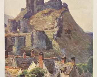 Dorset Swanage Purbeck Corfe Castle Vintage Print Watercolour Painting English Landscape Picture