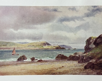 May include: Watercolour painting depicting a coastal landscape with a sailboat, rocky shore, and an island with a lighthouse under a cloudy sky. The artwork uses muted blues, greens, and browns, creating a peaceful atmosphere.