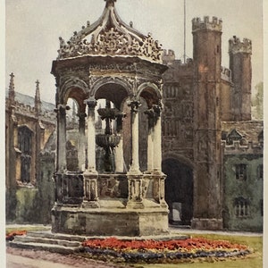 Cambridge The Great Court Trinity College Vintage print Watercolour Painting Antique Artwork English University City Architecture Picture