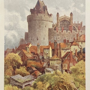 Windsor Berkshire Windsor Castle The Curfew Tower Vintage Print Watercolour Painting Art Antique Artwork English Royal Residence Picture