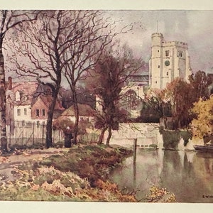 Kent Maidstone All Saints Church and The Palace Vintage Print Watercolour Painting Art Antique Artwork English Landscape