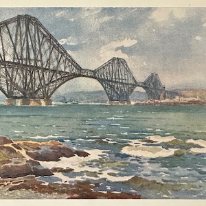 May include: A watercolor painting of a large metal bridge over a body of water. The bridge is a truss bridge with multiple arches. The water is a light blue color and there are rocks in the foreground. The sky is a light gray color with some clouds.