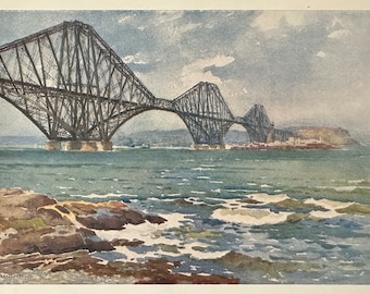 Fife Scotland Forth Rail Bridge Vintage Print Watercolour Painting Scottish Landscape Seascape Picture