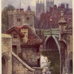 York The Water Gates Lendal Bridge Vintage Print Watercolour Painting English Cityscape Landscape York Minster