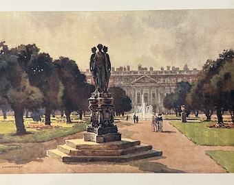 May include: A bronze statue of three women standing on a stone pedestal in a park. The statue is in front of a large building with a fountain in the foreground. The park is filled with trees and green grass.