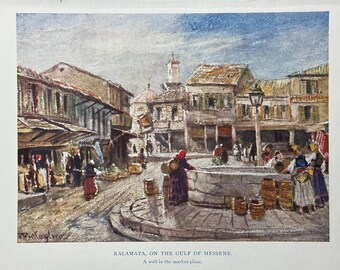 Greece Kalamata on the Gulf of Messene Vintage Print Watercolour Painting Greek Townscape Picture