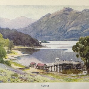 May include: A watercolor painting of a lake scene with a small wooden pier and a few buildings on the shore. The lake is surrounded by green hills and trees. The sky is a light blue with some clouds.