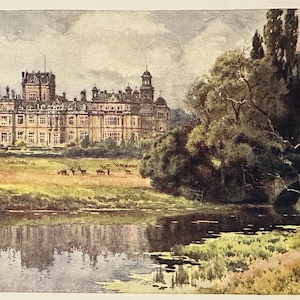 Nottinghamshire Thoresby Hall Vintage Print Watercolour Painting Art Antique Artwork English Architecture Stately House