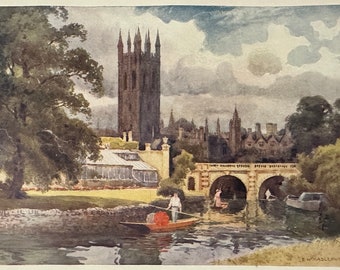 Oxford Oxfordshire Magdalen College from River Cherwell Vintage Print Watercolour Painting English Landscape Picture