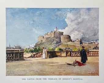 Edinburgh Scotland The Castle from Heriot's Hospital Vintage Print Watercolour Painting Scottish Capital City Picture